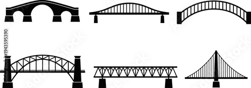 Set of Black Bridge Silhouettes Including Suspension Arch Beam and Cable Stayed Designs for Engineering and Urban Infrastructure Vector IllustrationSet of B
