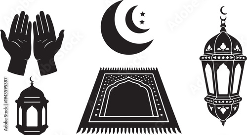 Ramadan Kareem Islamic Symbols and Icons Set in Black
