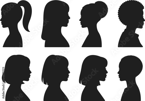 WebSet of black woman head silhouettes, female profile avatars with diverse hairstyles, elegant girl portraits, minimalist lady face icons, flat vector illustration