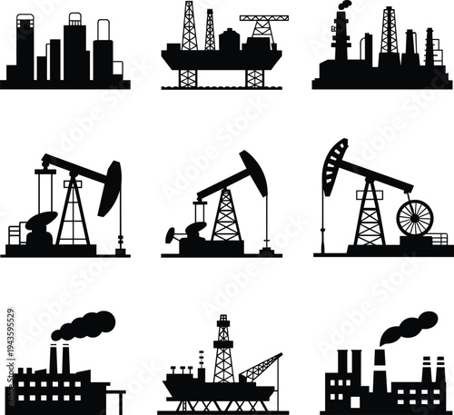 Oil industry industrial silhouettes, offshore drilling rigs, pumpjack machines, refinery factories, energy production icons, cad drawing flat vector illustration