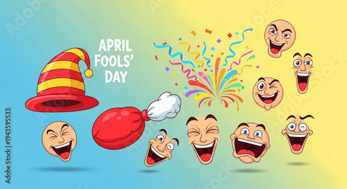 April fools' day celebration with laughing faces and colorful confetti on a gradient background