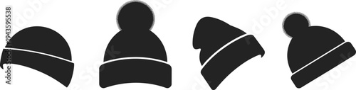Set of black winter beanie hat silhouettes including pom pom styles, flat vector illustration icons for cold weather fashion apparel branding