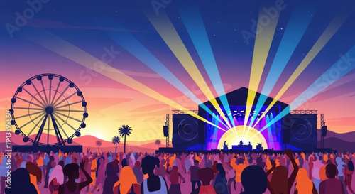Vibrant music festival crowd with stage lights and ferris wheel at sunset