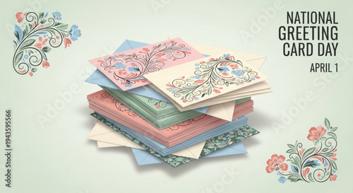 Colorful greeting cards stacked for national greeting card day on april 1 with floral designs