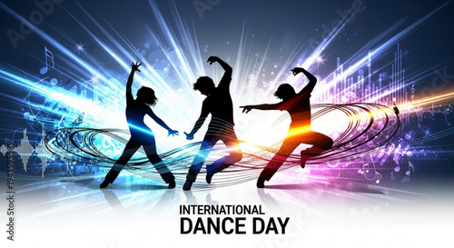 Three silhouetted dancers celebrate international dance day with vibrant lights and dynamic movements on a colorful background