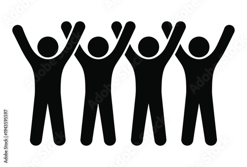 A group of people celebrating with raised arms in a symbol of unity and success