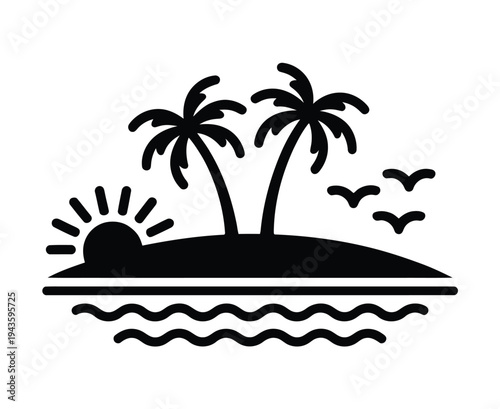 A serene tropical island with palm trees at sunset over the ocean