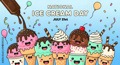 Colorful ice cream cones celebrating national ice cream day on july 21st with confetti