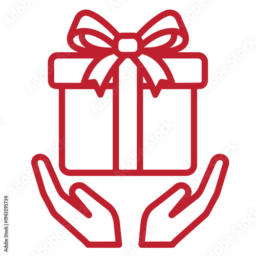 red line art of hands holding a gift box with a bow on top  symbolizing giving and generosity