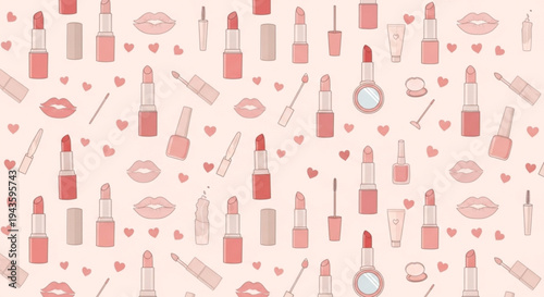 Pink lipstick makeup brushes and cosmetic products on a soft pink background with hearts and lips