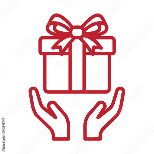 red line art of hands holding a gift box with a bow on top  symbolizing giving or a present
