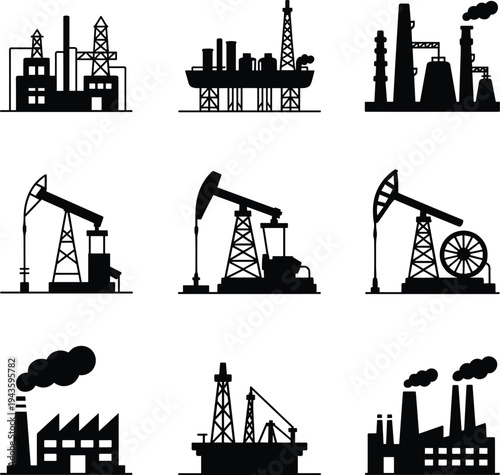 Oil industry silhouette icons set, refinery factories offshore drilling rigs pumpjack machines, industrial energy production symbols, cad drawing flat vector illustration