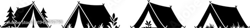Set of camping tent silhouettes with trees and grass, flat vector illustration icons for outdoor adventure, hiking, and forest recreation