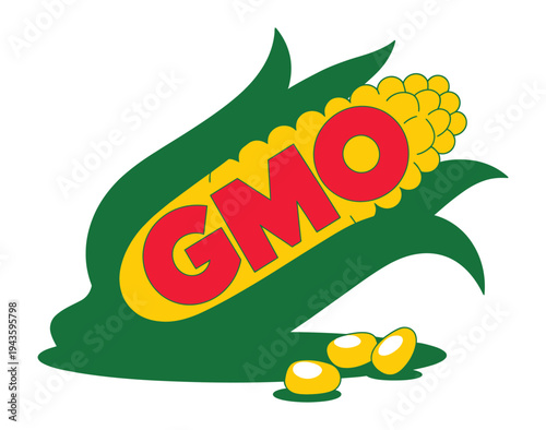 A genetically modified organism logo with corn and leaves on a white background