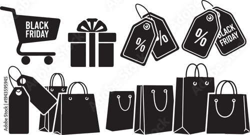 Black Friday shopping icons and gift bags on sale