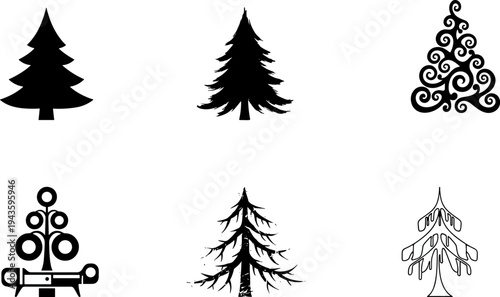 Set of pine tree silhouettes in different styles, decorative evergreen icons for winter, Christmas design elements, flat vector illustration