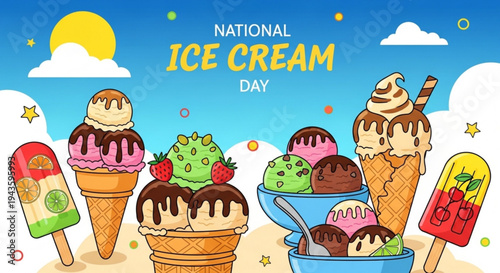 Colorful ice cream cones and popsicles on a sunny beach for national ice cream day celebration