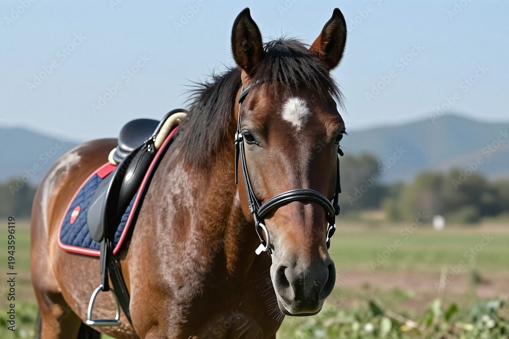 Obraz premium A brown horse with a black mane standing in a field