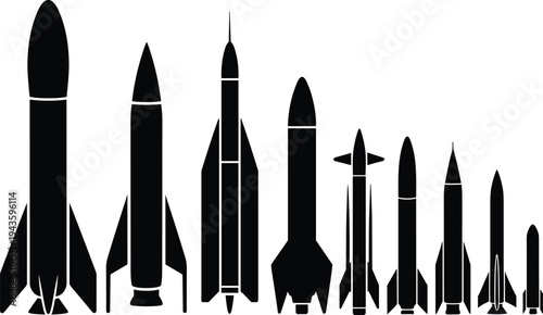 Rocket missile silhouette collection, space launch vehicles, military rockets, black aerospace icons, modern weapon technology vector set