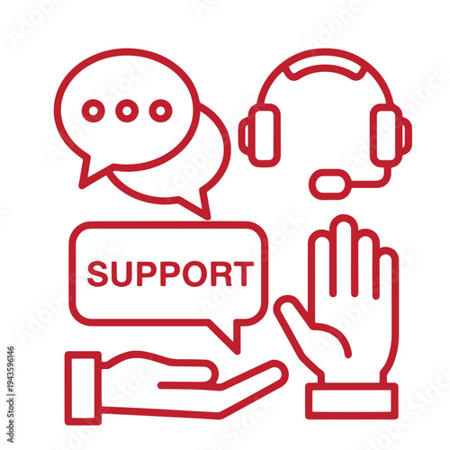 red line icons of customer service support with speech bubbles headset and helping hand isolated on white background