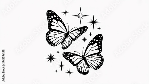 Two butterflies fly surrounded by sparkles and stars in air