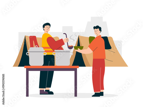 A volunteer distributing hot food, likely in a refugee camp or a community relief setting. Helping people illustrations. Flat vector concepts.