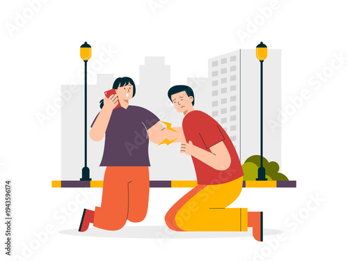Panic situation where a person is experiencing distress while another person makes an emergency call. Helping people illustrations. Flat vector concepts.