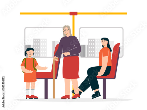 A younger person offering their seat to an elderly person who is using a walking cane. Helping people illustrations. Flat vector concepts.