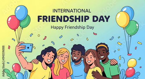 Diverse group of friends celebrating international friendship day with balloons and confetti