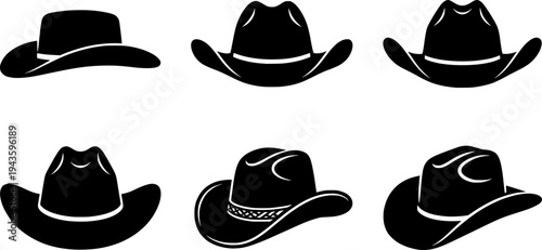 Flat vector silhouette display of seven western cowboy hats shown from angles front back three quarter views on white background