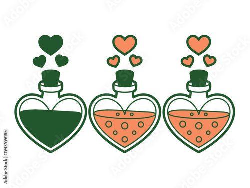 An illustration of three heart-shaped potion bottles with green and orange liquids and hearts floating above them.