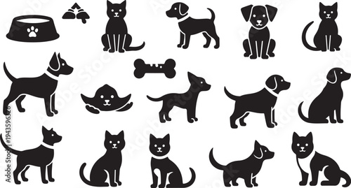Black silhouettes of cats and dogs on white background