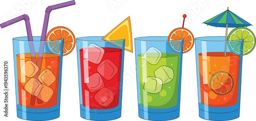 Colorful illustration of four refreshing beverages in glasses with ice cubes, straws, garnishes, and cocktail umbrella, artwork concept for drinks, summer, party, and design projects