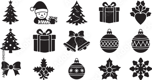 Christmas icons and symbols in black and white design