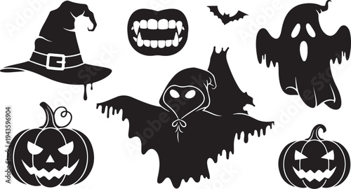 Halloween icons including bats, pumpkins, and spooky silhouettes collection