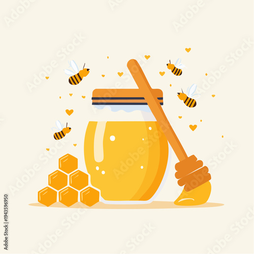 Sweet Honey Jar with Dipper, Bees and Honeycomb, Fresh Organic Product Illustration