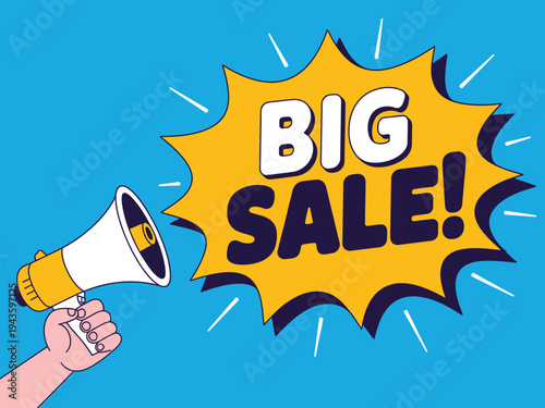 A cartoon hand holding a megaphone with a big sale announcement on a blue background