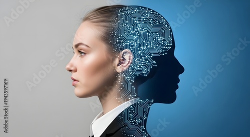 Conceptual image depicting the intricate connection between human intellect and advanced artificial intelligence, visualizing the future of technology and the digital mind