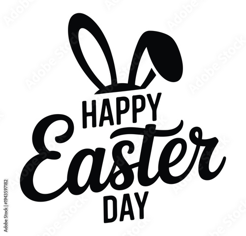 A black Easter graphic with bunny ears and the words 'Happy Easter Day' on a white background