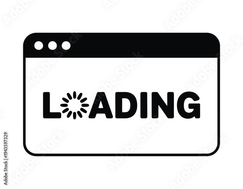 A simple black and white illustration of a loading animation on a computer screen