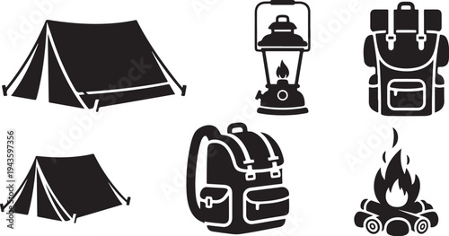 Camping icons and travel symbols in black and white