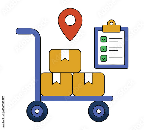 A blue cart with yellow packages and a clipboard checklist for delivery or shipping purposes.