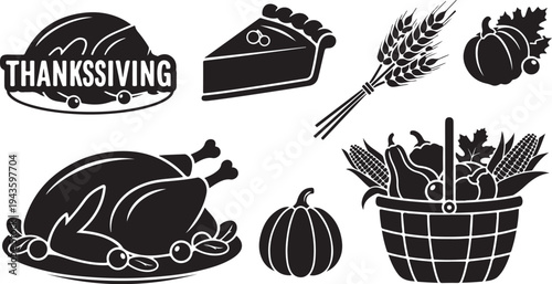 Thanksgiving icons and symbols in black and white illustration