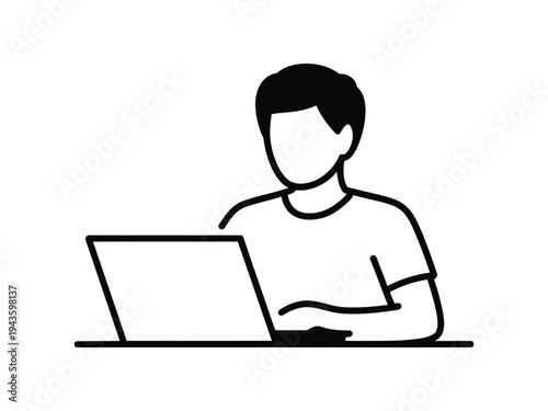 A man sitting at a desk working on a laptop computer in a simple black and white illustration.