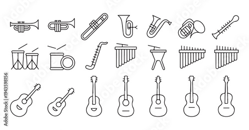 Set of musical wind instruments, percussion instruments, and string instruments line art
