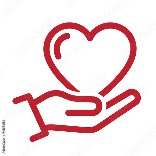 red line art of a hand holding a heart symbol  icon of love and care