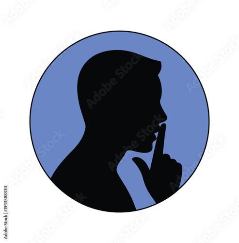 A silhouette of a man with his finger on his lips in a blue circle on a white background