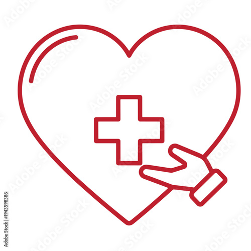 red line drawing of a hand holding a heart with a cross in the center symbolizing medical care and love