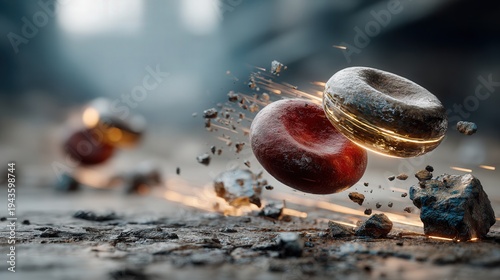 Microscopic 3D render of healthy red blood cells in bloodstream surrounded by toxic glowing sharp plastic fragments for contamination concept.