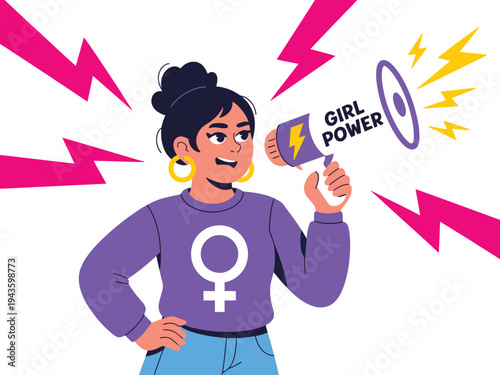 A confident woman holding a megaphone with a girl power message